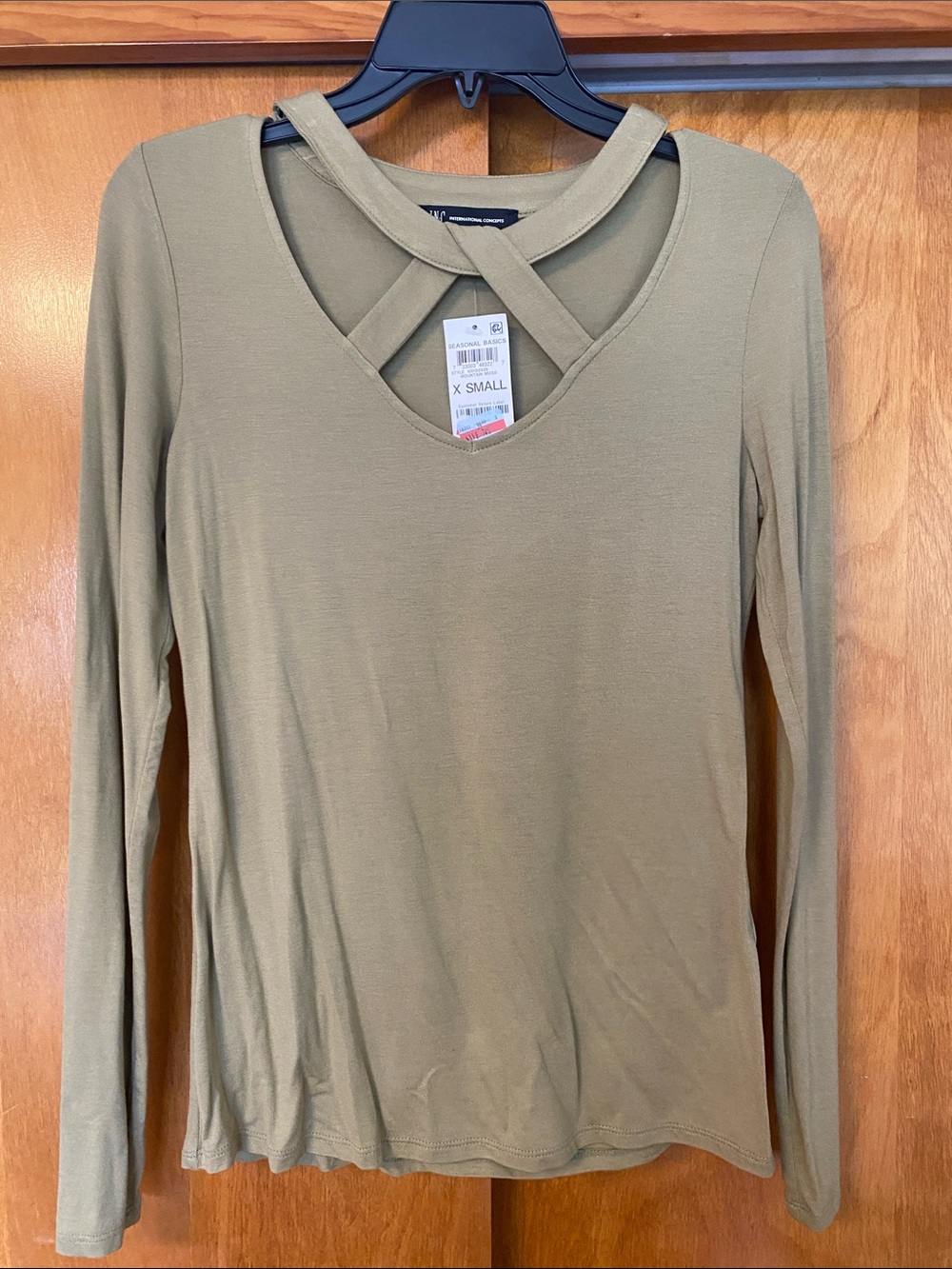 INC International Concepts Olive Crisscross V-Neck Long Sleeve Top